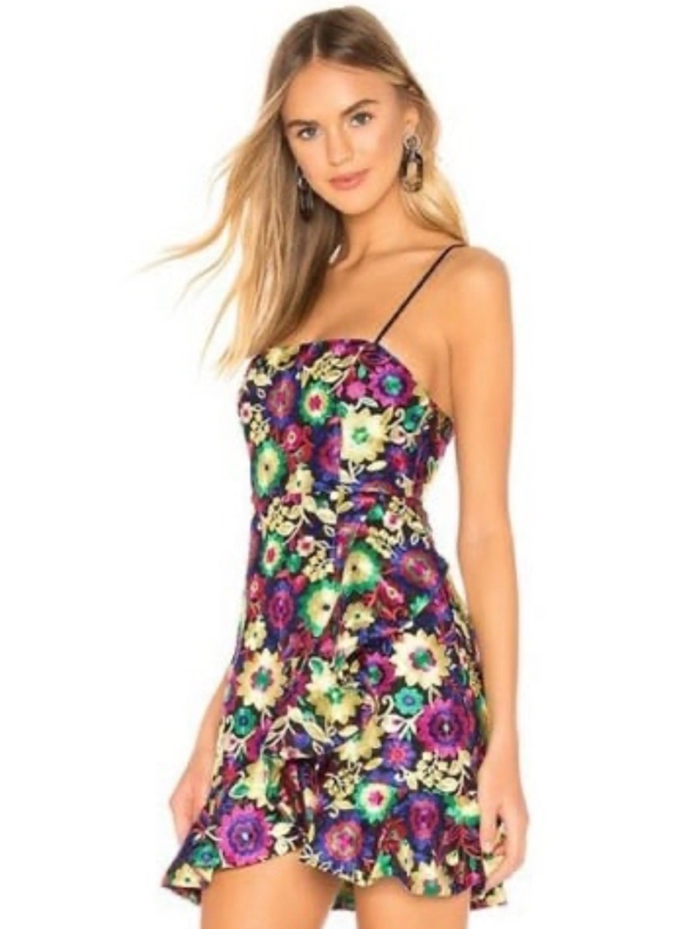 X by NDP Black Floral Embroidered Slip Dress with Gold Accents